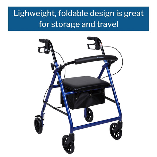 Lightweight Rolling Walker, 4 Wheels - Folding Aluminum Frame, 32 in to 37 in Handle Height